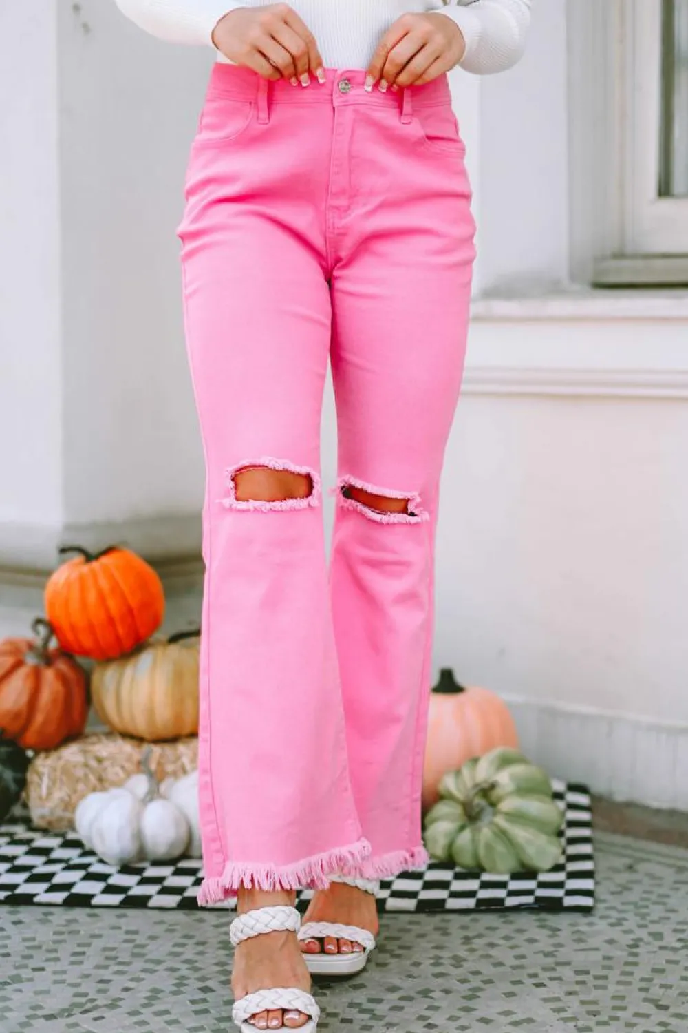 Sale Dear-Lover Vintage High Waist Flare Leg Ripped Raw Hem Jeans Pink