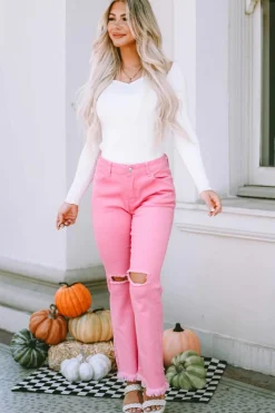 Sale Dear-Lover Vintage High Waist Flare Leg Ripped Raw Hem Jeans Pink