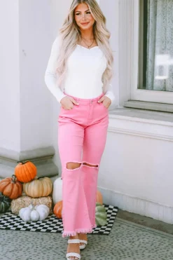 Sale Dear-Lover Vintage High Waist Flare Leg Ripped Raw Hem Jeans Pink