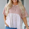 Outlet Dear-Lover Waffle Floral Patchwork Exposed Seam Detail Short Sleeve Top Pink
