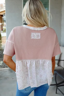 Outlet Dear-Lover Waffle Floral Patchwork Exposed Seam Detail Short Sleeve Top Pink