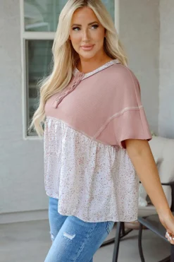 Outlet Dear-Lover Waffle Floral Patchwork Exposed Seam Detail Short Sleeve Top Pink