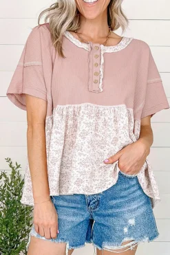 Outlet Dear-Lover Waffle Floral Patchwork Exposed Seam Detail Short Sleeve Top Pink