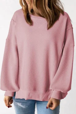 Hot Dear-Lover Waffle knit Bishop Sleeve Split Oversized Top Pink