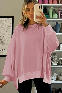 Hot Dear-Lover Waffle knit Bishop Sleeve Split Oversized Top Pink