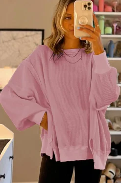 Hot Dear-Lover Waffle knit Bishop Sleeve Split Oversized Top Pink