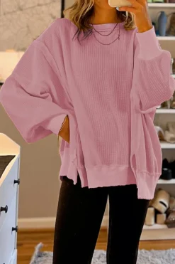 Hot Dear-Lover Waffle knit Bishop Sleeve Split Oversized Top Pink