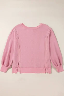 Hot Dear-Lover Waffle knit Bishop Sleeve Split Oversized Top Pink