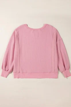 Hot Dear-Lover Waffle knit Bishop Sleeve Split Oversized Top Pink