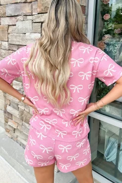 Clearance Dear-Lover Waffle Knit Bowknot Printed V Neck T Shirt and Shorts Set Pink