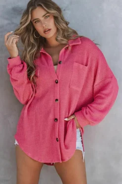 Discount Dear-Lover Waffle Knit Button Up Casual Shirt Pink