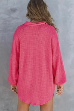 Discount Dear-Lover Waffle Knit Button Up Casual Shirt Pink