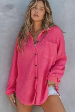Discount Dear-Lover Waffle Knit Button Up Casual Shirt Pink