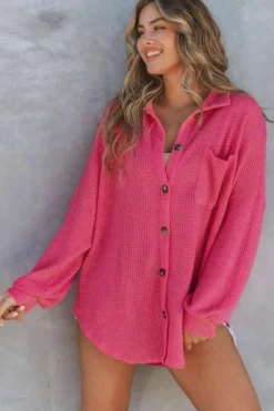 Discount Dear-Lover Waffle Knit Button Up Casual Shirt Pink