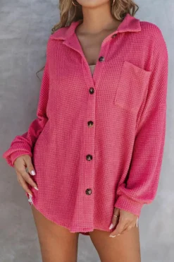 Discount Dear-Lover Waffle Knit Button Up Casual Shirt Pink