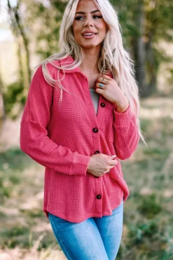 Discount Dear-Lover Waffle Knit Button Up Casual Shirt Pink