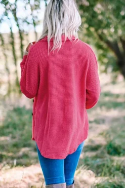 Discount Dear-Lover Waffle Knit Button Up Casual Shirt Pink