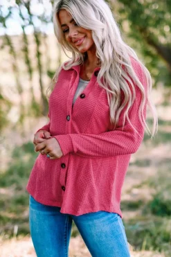 Discount Dear-Lover Waffle Knit Button Up Casual Shirt Pink