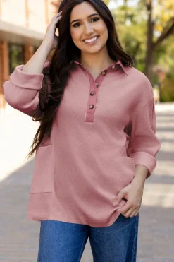 Clearance Dear-Lover Waffle Long Sleeve Collar Half Button Loose Top Pink