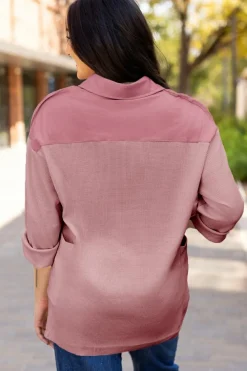 Clearance Dear-Lover Waffle Long Sleeve Collar Half Button Loose Top Pink