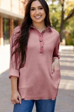 Clearance Dear-Lover Waffle Long Sleeve Collar Half Button Loose Top Pink