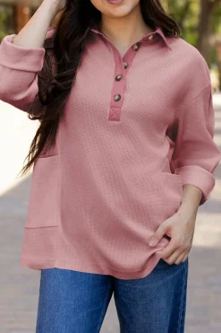 Clearance Dear-Lover Waffle Long Sleeve Collar Half Button Loose Top Pink