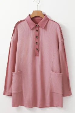 Clearance Dear-Lover Waffle Long Sleeve Collar Half Button Loose Top Pink