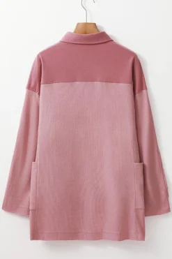 Clearance Dear-Lover Waffle Long Sleeve Collar Half Button Loose Top Pink