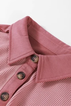 Clearance Dear-Lover Waffle Long Sleeve Collar Half Button Loose Top Pink