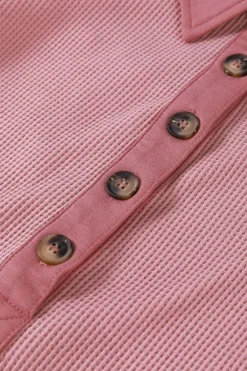 Clearance Dear-Lover Waffle Long Sleeve Collar Half Button Loose Top Pink