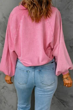 Hot Dear-Lover Washed Snap Buttons Lantern Sleeve Pullover Sweatshirt Pink