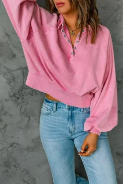 Hot Dear-Lover Washed Snap Buttons Lantern Sleeve Pullover Sweatshirt Pink