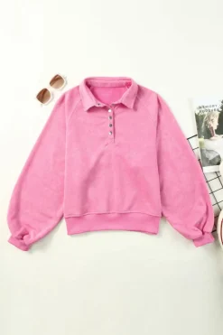 Hot Dear-Lover Washed Snap Buttons Lantern Sleeve Pullover Sweatshirt Pink