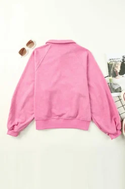 Hot Dear-Lover Washed Snap Buttons Lantern Sleeve Pullover Sweatshirt Pink
