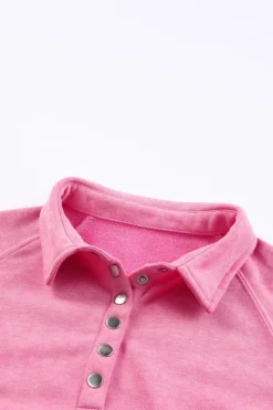 Hot Dear-Lover Washed Snap Buttons Lantern Sleeve Pullover Sweatshirt Pink