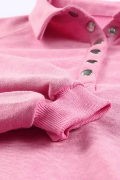 Hot Dear-Lover Washed Snap Buttons Lantern Sleeve Pullover Sweatshirt Pink