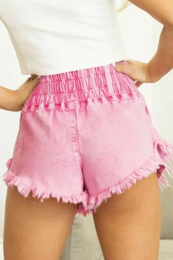 Outlet Dear-Lover Washed Wide Smocked Waistband Frayed Denim Shorts Pink