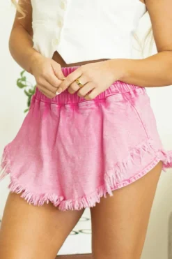 Outlet Dear-Lover Washed Wide Smocked Waistband Frayed Denim Shorts Pink