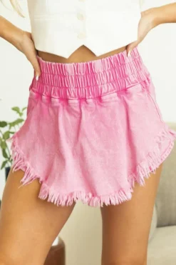 Outlet Dear-Lover Washed Wide Smocked Waistband Frayed Denim Shorts Pink