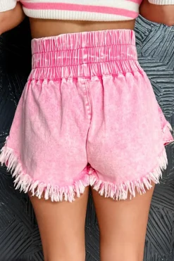 Outlet Dear-Lover Washed Wide Smocked Waistband Frayed Denim Shorts Pink