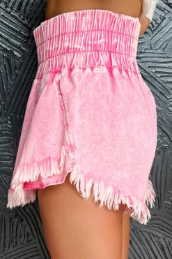 Outlet Dear-Lover Washed Wide Smocked Waistband Frayed Denim Shorts Pink