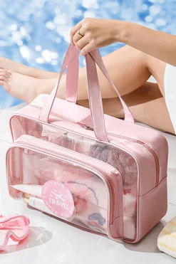 New Dear-Lover Waterproof Multi Pockets Transparent Travel Makeup Bag Pink
