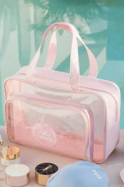 New Dear-Lover Waterproof Multi Pockets Transparent Travel Makeup Bag Pink