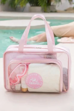 New Dear-Lover Waterproof Multi Pockets Transparent Travel Makeup Bag Pink