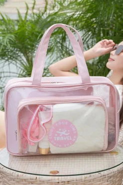 New Dear-Lover Waterproof Multi Pockets Transparent Travel Makeup Bag Pink