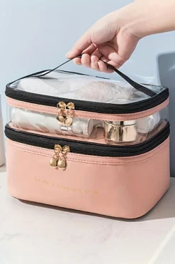 Discount Dear-Lover Waterproof PVC Double-layer Cosmetic Bag Pink