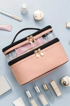 Discount Dear-Lover Waterproof PVC Double-layer Cosmetic Bag Pink
