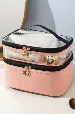 Discount Dear-Lover Waterproof PVC Double-layer Cosmetic Bag Pink