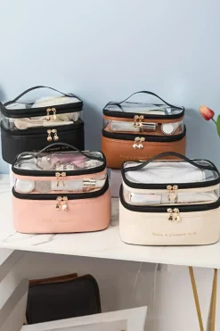 Discount Dear-Lover Waterproof PVC Double-layer Cosmetic Bag Pink