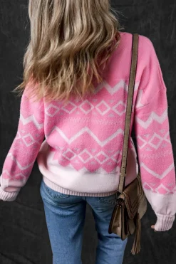 New Dear-Lover Western Aztec Geometric Drop Shoulder Sweater Pink
